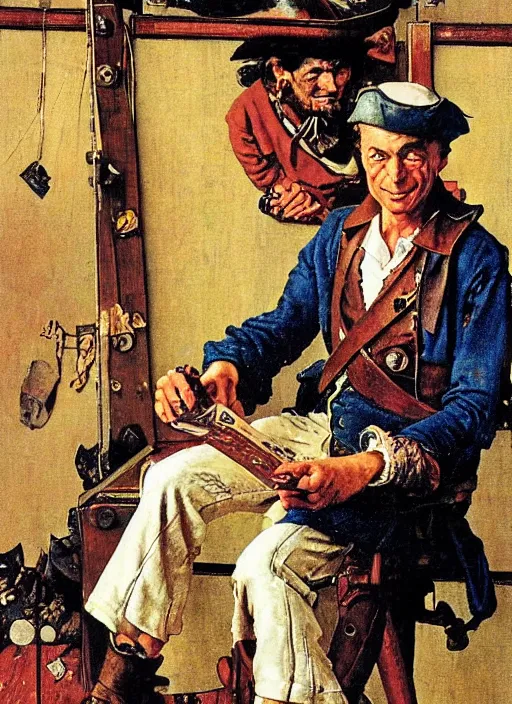 Image similar to a portrait of a pirate playing cards by Norman Rockwell