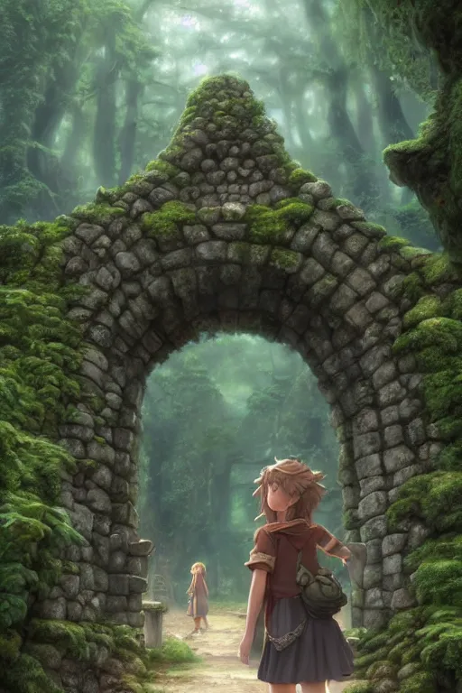 Image similar to a highly detailed matte painting of a teenager with shaggy hair and hip clothes standing in front of a stone gate in the elven forest ruins, by studio ghibli, by artgerm, by wlop, by greg rutkowski, detailed face, perfect eyes, volumetric lighting, octane render, 4 k resolution, trending on artstation, masterpiece