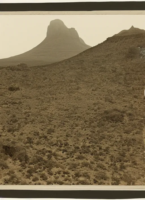 Prompt: View of a gigantic Tepuy in grassy desert, with rocky hills and lush desert vegetation at the bottom of it, albumen silver print, Smithsonian American Art Museum