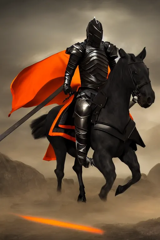 Image similar to a digital photograph of an african american knight in heavy black parmor with orange trim, wearing a black elegant cape flowing in the wind, the knight holds a black sword in one hand, the knight is riding a black horse with mechanized armor who is gallaping, extremely detailed, unreal engine, concept art, 8 k