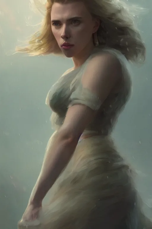 Image similar to a fancy portrait of a Scarlett Johansson full body by Greg Rutkowski, Sung Choi, Mitchell Mohrhauser, Maciej Kuciara, Johnson Ting, Maxim Verehin, Peter Konig, final fantasy , mythical, 8k photorealistic, cinematic lighting, HD, high details, atmospheric,