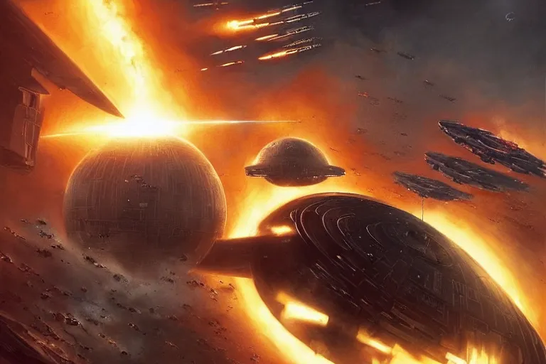 Image similar to ultra realistic, cinematic, detailed, deep focus, movie still, dramatic lighting, ray tracing, artgerm and greg rutkowski concept art for scene : the death star is rocked by explosions as the rebel fleet zooms over, unloading a heavy barrage. luke struggles to carry the enormous weight of his father's dying body toward an imperial shuttle.