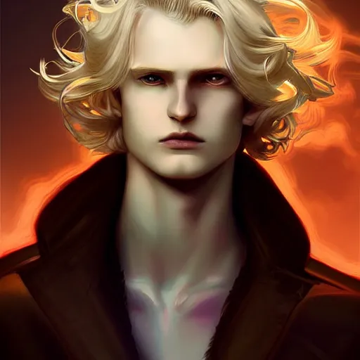 Image similar to digital art of a pale menacing male Cyborg Angel of Battle with fluffy blond curls of hair and piercing eyes, johan liebert mixed with Dante, central composition, he commands the fiery power of resonance and wrath, very very long blond curly hair, baroque curls, by WLOP, Artstation, CGsociety