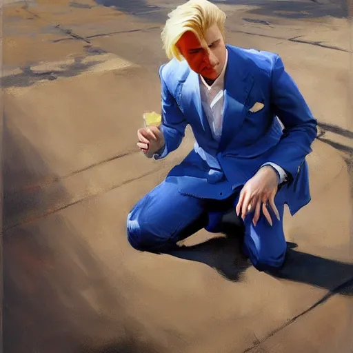 Image similar to greg manchess portrait of a blond man in a blue suit lying on the ground bleeding in an arena, profile picture, organic painting, sunny day, matte painting, bold shapes, hard edges, street art, trending on artstation, by huang guangjian, gil elvgren, ruan jia, randy vargas, greg rutkowski