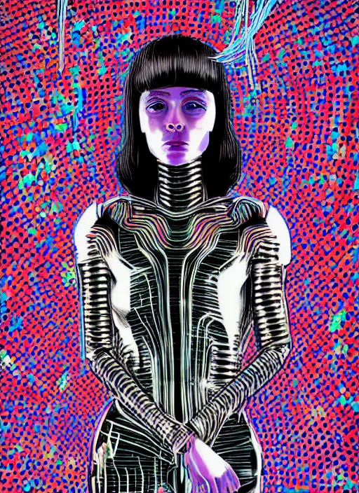 Image similar to extreme long shot, kodachrome, melting face, cyberpunk 2 0 y. o model girl, black reflect robe, wrapped in wires and piones, clear blue sky vintage style, looking straight ahead, in the style of yayoi kusama, lineart, artstation