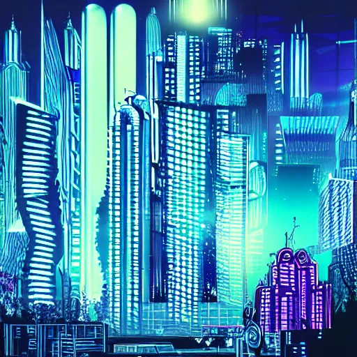 Prompt: cyberpunk dreamscape, tall buildings, neon lights, holographs, nighttime