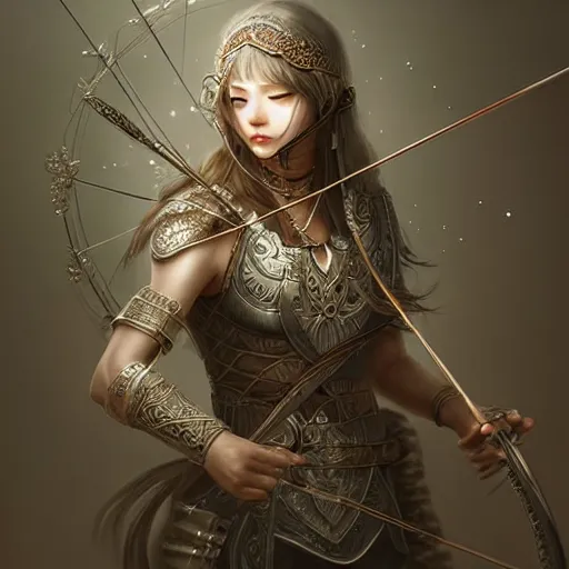Image similar to beautiful extremely detailed intricate concept art depicting an archer by wlop. shining jewelry. grey atmosphere. particles in the background. bcy. net