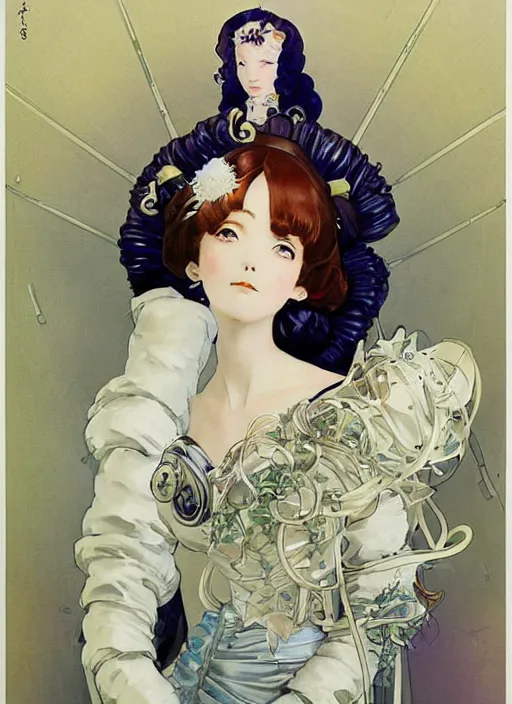 Image similar to a copic maker art nouveau portrait of an anime girl detailed features wearing a puffy futuristic weeding dress designed by balenciaga by john berkey, norman rockwell akihiko yoshida