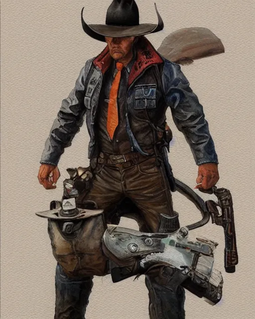 Image similar to a oil / watercolor painting full body character portrait of a turbine gunslinger in the style of moebius in the style of leonard boyarsky trending on artstation deviantart pinterest detailed realistic hd 8 k high resolution