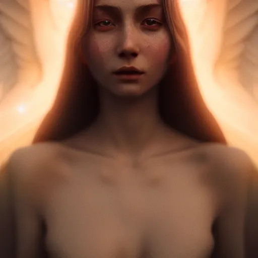 Image similar to portrait art of female angel by alessio albi 8 k ultra realistic, angel wings, lens flare, atmosphere, glow, detailed, intricate, full of colour, cinematic lighting, trending on artstation, 4 k, hyperrealistic, focused, extreme details, unreal engine 5, cinematic, masterpiece