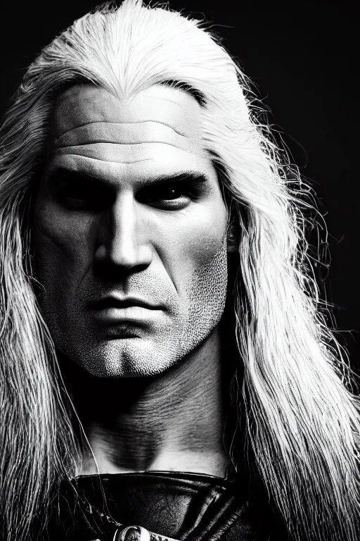 Prompt: portrait of geralt of rivia, 5 5 mm lens, professional photograph, black and white, times magazine, serious