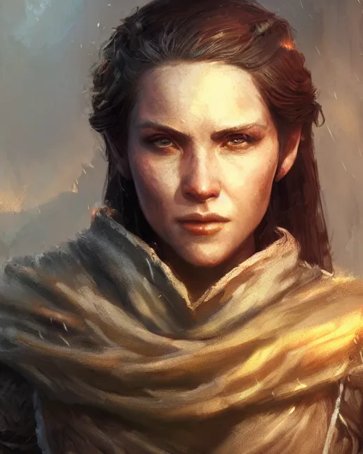 Image similar to the elder scrolls vi, charismatic rugged female nord warrior portrait, illustration, rim light, top light, perfectly shaded, golden hour, epic, intricate, soft painting, art by ross tran, krenz cushart and wenjun lin