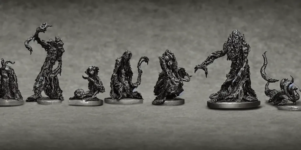 Image similar to miniature figurines of lovecraft's elder gods, detailed, tilt shift, product photography