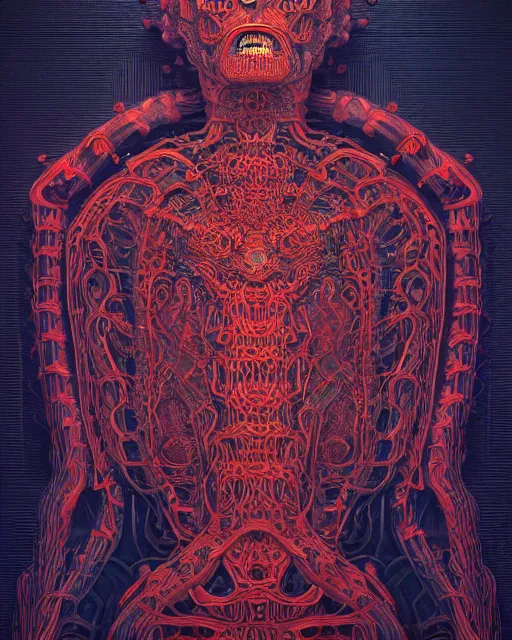 Image similar to portrait of a monster with six arms, full body, six arms, intricate abstract. intricate artwork. by Tooth Wu, wlop, beeple, dan mumford. mulholland drive by david lynch, dune by david lynch, octane render, trending on artstation, greg rutkowski very coherent symmetrical artwork. cinematic, hyper realism, high detail, octane render, 8k, iridescent accents