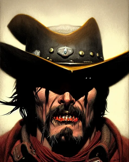 Prompt: mccree from overwatch, evil, crazed look in his eyes, character portrait, portrait, close up, concept art, intricate details, highly detailed, horror poster, horror, vintage horror art, realistic, terrifying, in the style of michael whelan, beksinski, and gustave dore