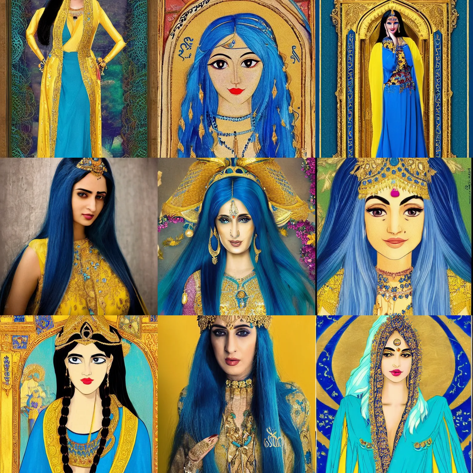 Prompt: Sona is a slender, pale-skinned woman with long blue hair and yellow at the ends. Her robes is a long, elegant gown with a distinctive palette of blue, dark blue, turquoise and gold. The most characteristic ornaments of her attire are the golden diadem on her head between her hair.