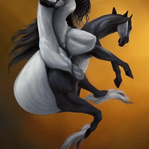 Image similar to painting of anthropomorphized horses, wearing black karate gi, doing karate, fantasy style, artstation