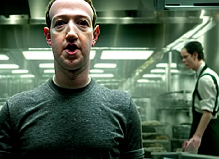 Image similar to film still of mark zuckerberg as agent smith working in a bakery in the new matrix movie, 4 k