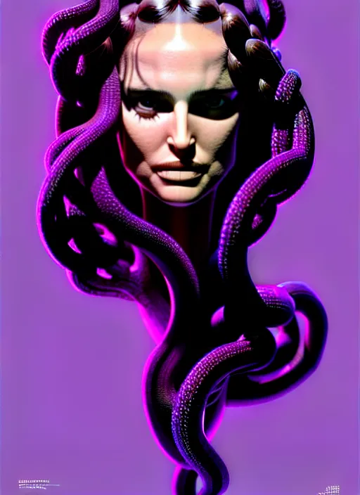 Prompt: Medusa, Natalie Portman, portrait, very detailed, dramatic lighting, electrical details, high details, 4k, 8k, trending on artstation, by Greg Rutkowski, Wayne Barlowe, Hajime Sorayama and Boris Vallejo