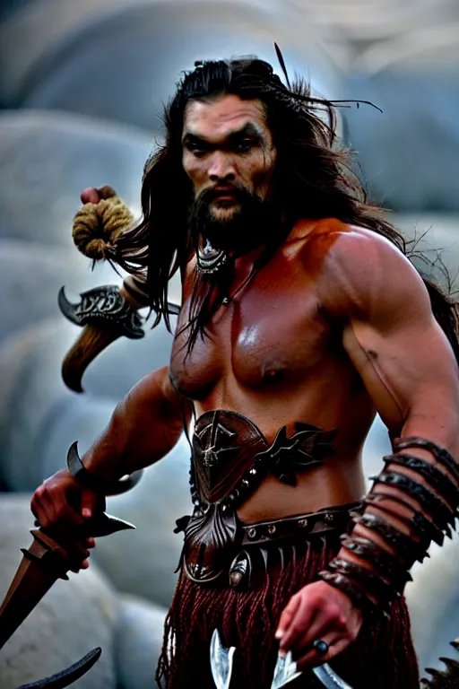 Image similar to film still from conan the barbarian, jason momoa as conan, wearing royal crimson fantasy ornate spartan dragon scale armor, volumetric lighting, wet skin and windblown hair, muscular!!!, battle action pose, ridley scott, high contrast