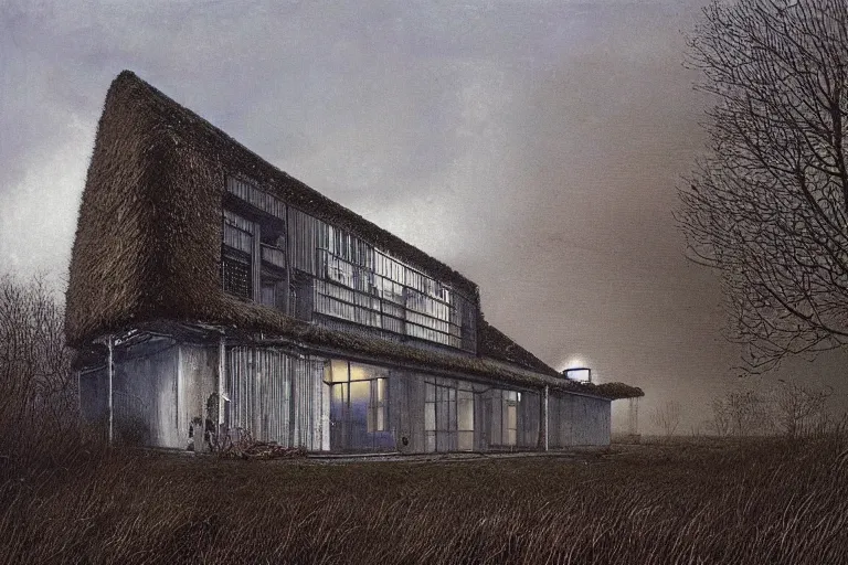 Image similar to cyberpunk, an estate agent listing photo, external view of a 5 bed countryside house in the UK, by Beksinski