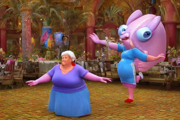 Prompt: of a very beautiful scene. ambient occlusion render. a sweet fat old woman is dancing with a huge colorful fish. hyper realistic. 4 k. wide angle. romantic mood. symmetrical face, red mouth, blue eyes. deep focus, lovely scene. ambient occlusion render. concept art. artstation. unreal engine.