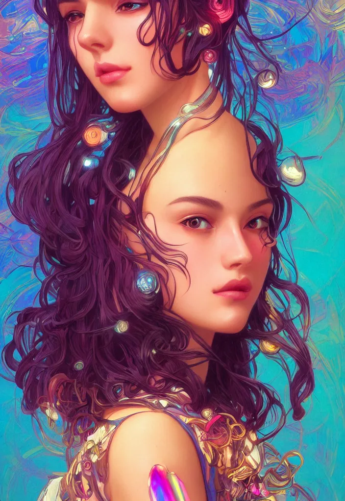 Image similar to beautiful, young woman, detailed gorgeous face, vaporwave aesthetic, synthwave, colorful, psychedelic, artstation, concept art, smooth, extremely sharp detail, finely tuned detail, ultra high definition, 8 k, unreal engine 5, ultra sharp focus, illustration, art by artgerm, greg rutkowski and alphonse mucha