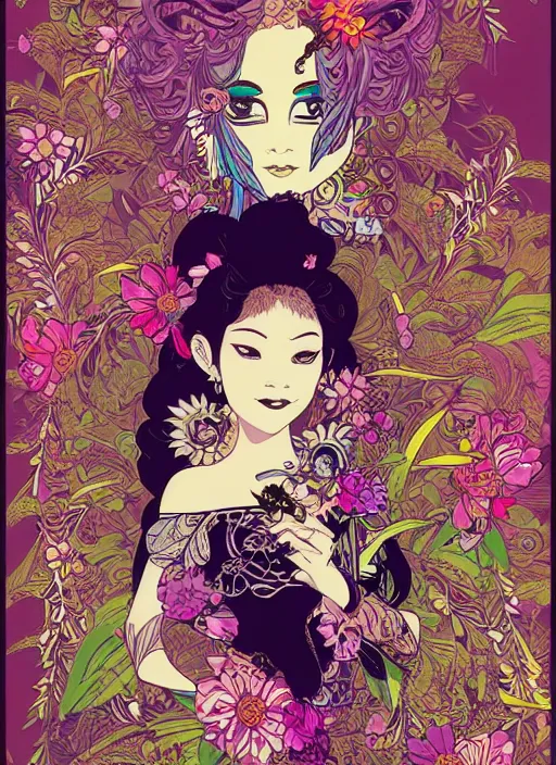 Image similar to !!! very coherent!!! vector art, beautiful floralpunk balinese cyborg portrait girl female illustration detailed patterns art of bali traditional dress, flower pop art, floral splash painting, art by geof darrow, ashley wood, alphonse mucha, makoto shinkai, dark shadow