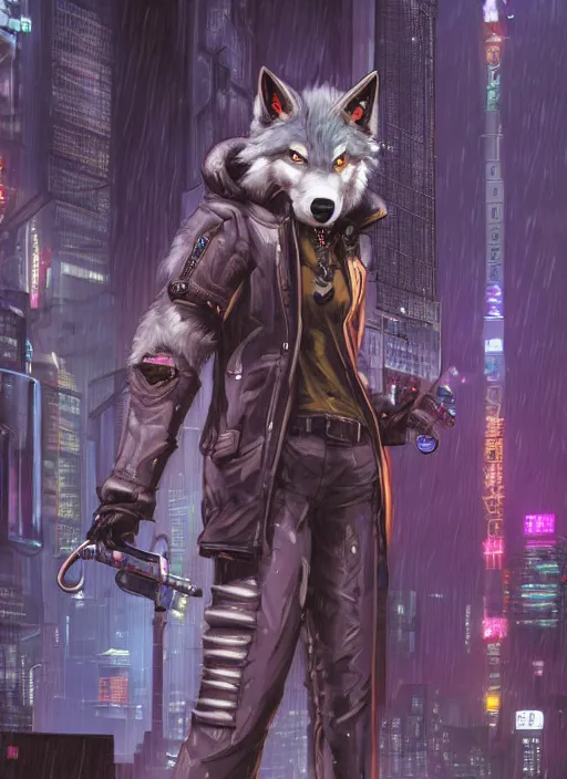 Image similar to character portrait of a male anthro wolf fursona with a tail and a cute beautiful attractive detailed furry face wearing stylish cyberpunk clothes in a cyberpunk city at night while it rains. hidari, color page, tankoban, 4K, tone mapping, Akihiko Yoshida.