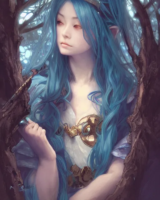 Image similar to stunningly beautiful female blue hair, cute japanese actressr, fantasy art, fae priestess, lush dark forest landscape, fireflys at night, sharp focus, digital painting, 8 k, concept art, art by wlop, artgerm, greg rutkowski and alphonse mucha