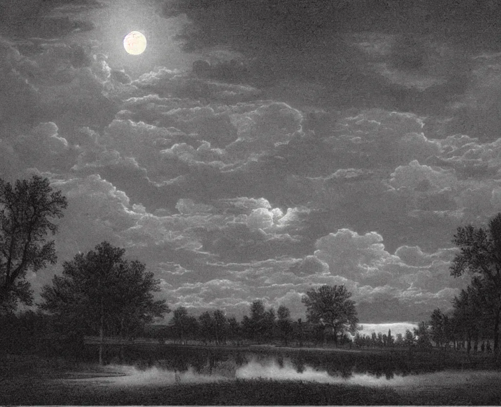 Prompt: a distant city, trees, night, full moon, clouds, chiaoscuro, illustration by currier & ives