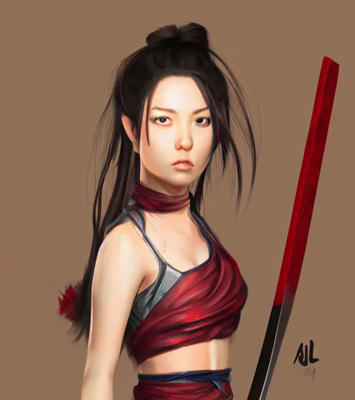 Image similar to a girl holding a katana, ponytail, highly detailed, digital painting, artstation, concept art, smooth, sharp focus, kunoichi, illustration