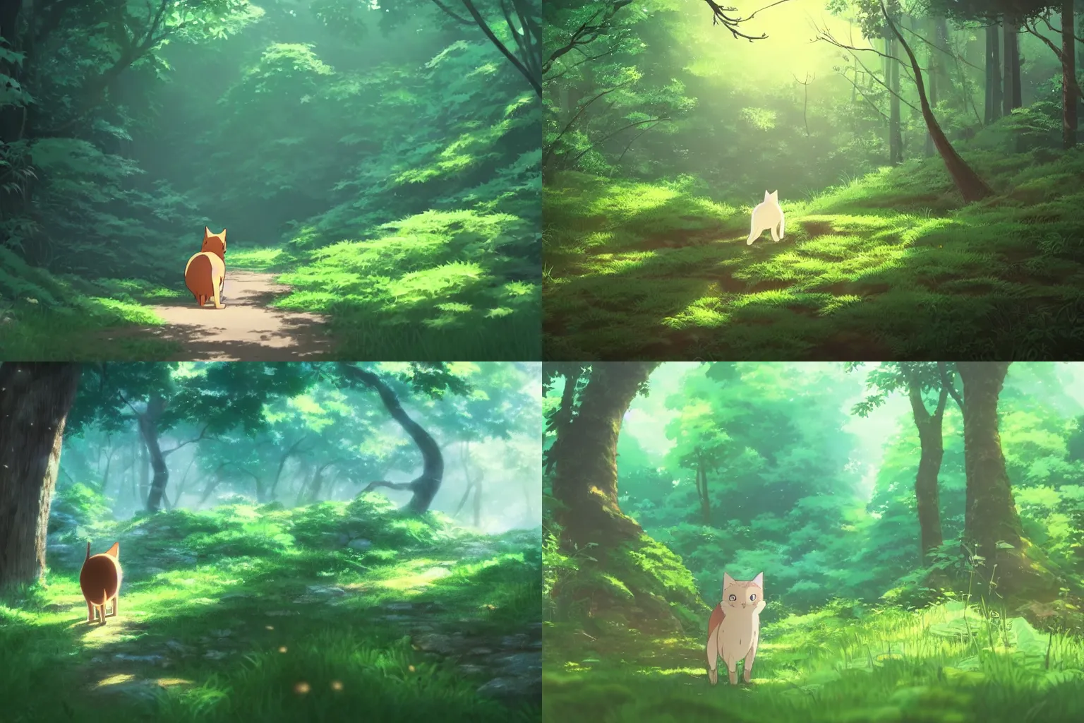 Prompt: cute cat wandering in a dense forest by makoto shinkai and studio ghibli, atmospheric, vivid, wide angle shot, 4k