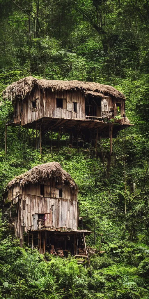 Prompt: a cinematic movie shot of a rustic multi-story ramshackle hut in the magical forest