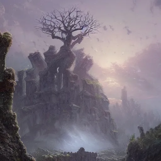 Prompt: art in the styles of greg rutkowski and thomas kinkade, Trending on artstation. a ruined fortress , carved into the side of a tree, inhabited by elves and faeries, intricately detailed