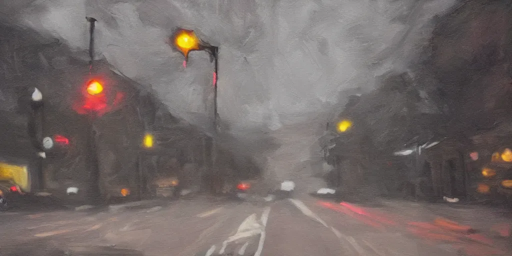 Prompt: painterly, messy, ominous! landscape of north bend, washington main street, dark, lonely!! stop light glowing, twin peaks, 'lone dark figure'!!