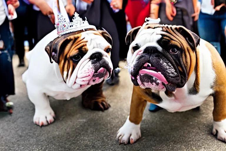 Prompt: a crowd of high school graduates petting an english bulldog wearing a crown