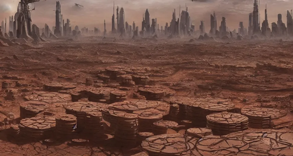 Image similar to hyper realistic sci - fi matte concept art painting of city on mars with towers made of giant stacks of disks, beautiful details, strong composition painted by kim jung guweta studio rutkowski, james gurney and greg rutkowski, and lucasfilm, smooth, intricate, detailed, sharp focus, cinematic