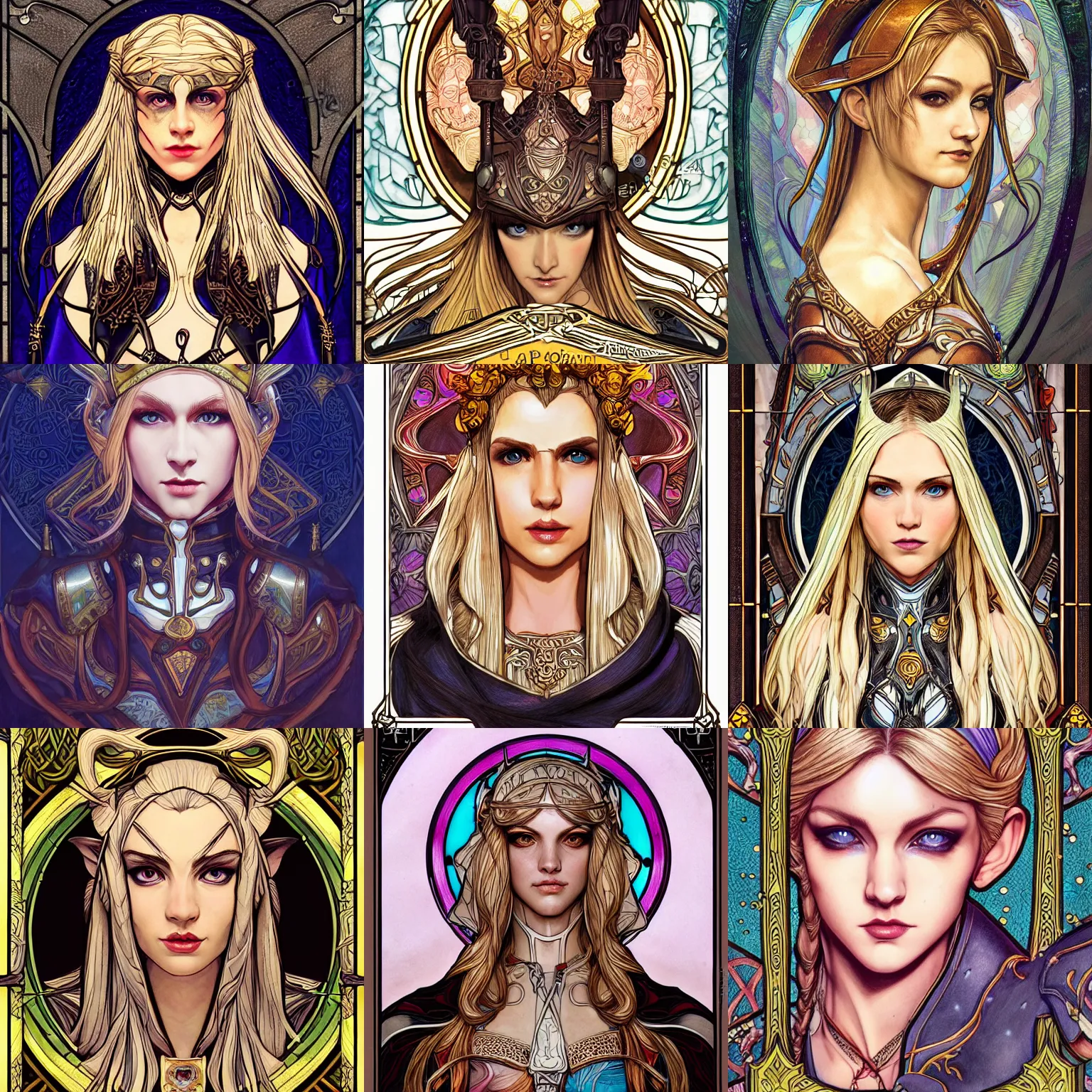 Prompt: head-on symmetrical centered painted portrait, Lude Law as elf ranger, blonde hair, leather armour, art nouveau, tarot card style, stained glass, fantasy, intricate, elegant, highly detailed, smooth, sharp focus, illustration, artstation, in the style of Artgerm and Anna Podedworna and Alex Ross and Mucha