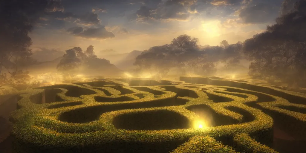 Prompt: the grand landscape of the endless maze, art by kotaro chiba, volumetric lighting