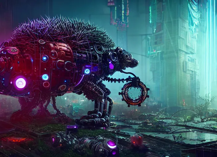 Image similar to giant intricate mechanical hedgehog with cybernetic enhancements and visible gears, on the background of a weird magical mechanical forest. Very detailed 8k. Fantasy cyberpunk horror. Sharp. Cinematic post-processing. Unreal engine. Nanite. Ray tracing. Parallax. Tessellation