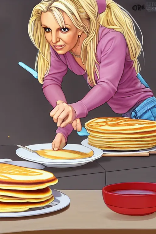 Image similar to britney spears making pancakes, animation pixar style, by pendleton ward, magali villeneuve, artgerm, rob rey and kentaro miura style, golden ratio, trending on art station