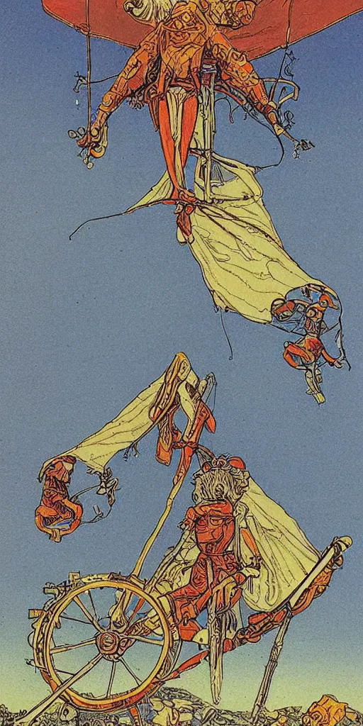 Image similar to the tarot card of the charriot painted by moebius.