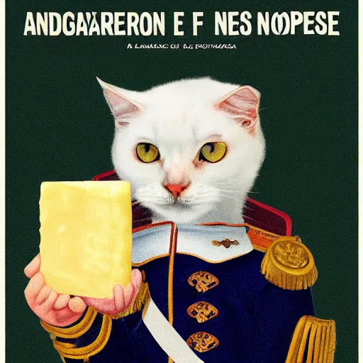 Image similar to a propaganda poster depicting a cat dressed as french emperor napoleon holding a piece of cheese, trending on artstation