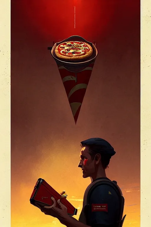 Image similar to greg rutkowski travel poster science fiction pizza delivery man