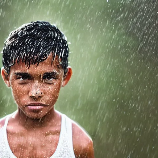 Prompt: full-shot portrait of a boy wearing a transparent mesh tanktop in the rain Detailed face. photo 8K