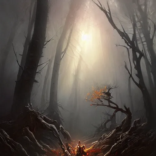 Prompt: ''cinematic shot'' hooded dark demon mage reinccarnating skeletons with golden armor and spears in the dead forest full of monster atmosferic dark foggy made by ivan aivazovsky, peter mohrbacher, greg rutkowski volumetric light effect broad light oil painting painting fantasy art style sci - fi art style realism premium prints available artwork unreal engine