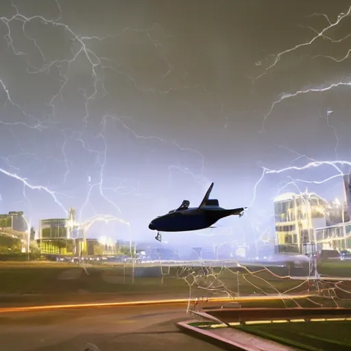 Image similar to futuristic flying car emerging from a circle of lightning in the sky, thunderstorm at night, 28mm dramatic photo