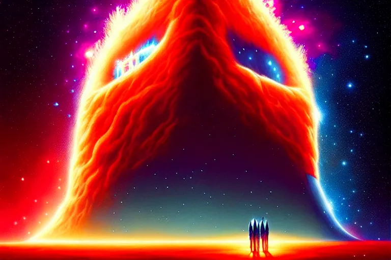 Image similar to standing on the shoulders of giants, celestial collision, birth of a star by christopher balaskas and john harris and dan mumford and josan gonzalez, hyperrealistic, high detail, ultra detailed, space, nebula, sharp focus, stellar formation, astronomy, science