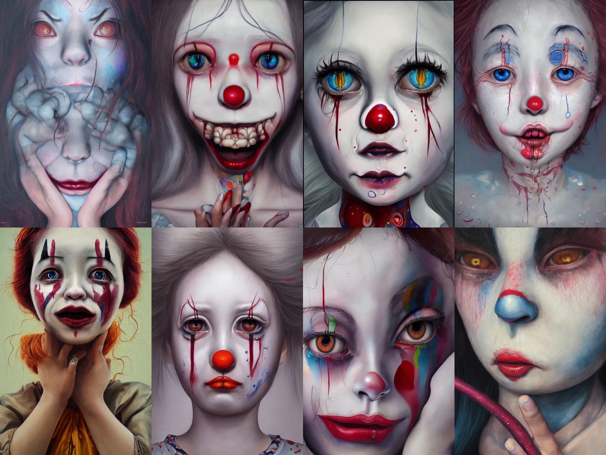 Image similar to detailed painting of clown girl crying, piercing eyes, james jean, miho hirano, hyperrealistic, octane render, ambient light, dynamic lighting